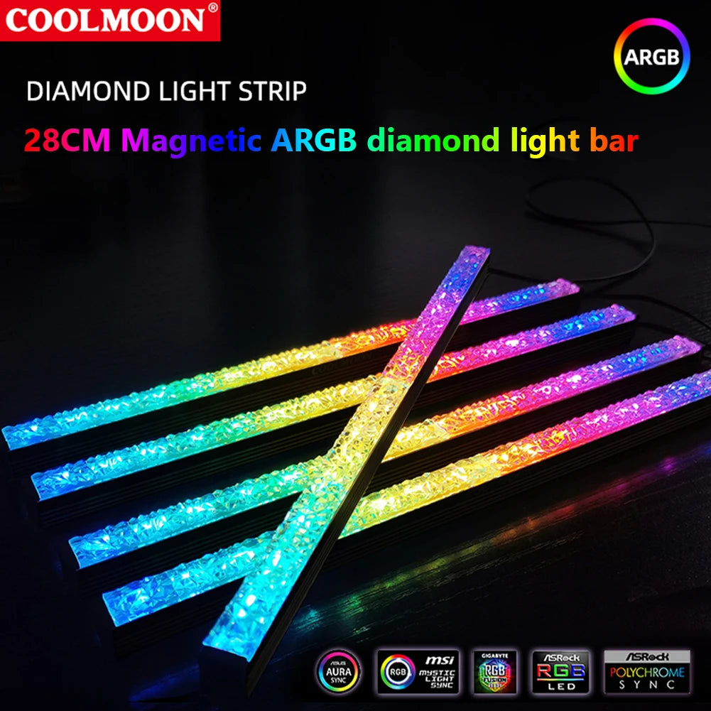 COOLMOON ARGB LED Strip Light 5V 3Pin/Small 4Pin Diamond Magnetic Colorful Atmosphere DIY Lamp Bar for PC Computer Case Chassis.