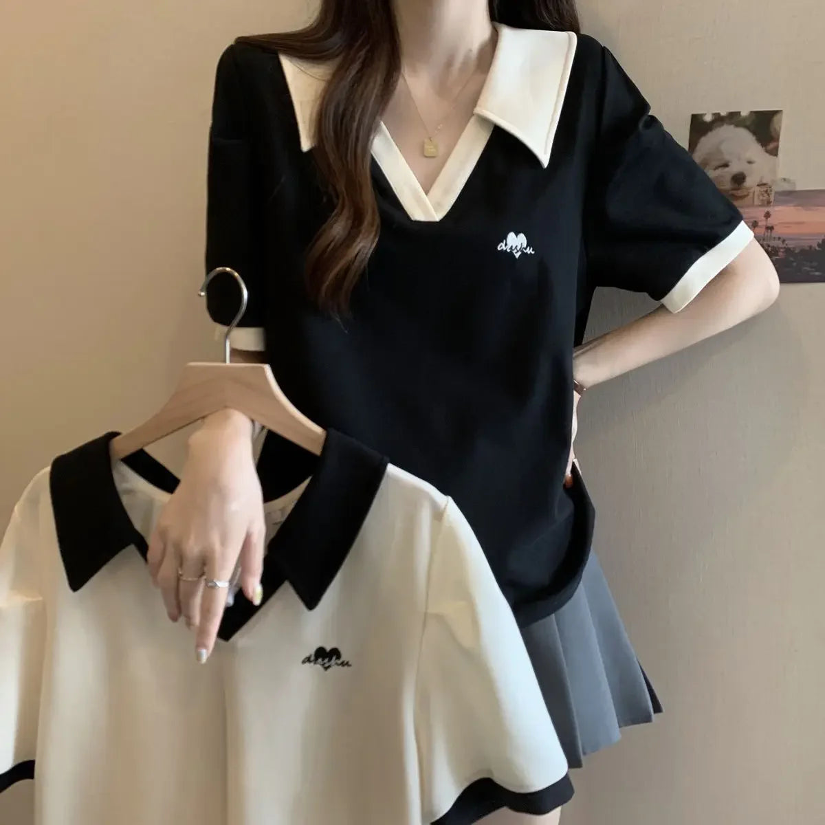 Plus Size Women's Casual Polo Neck Short Sleeve T-Shirt Slimming Belly Cover Summer Age Defying Shoulder Level Top.