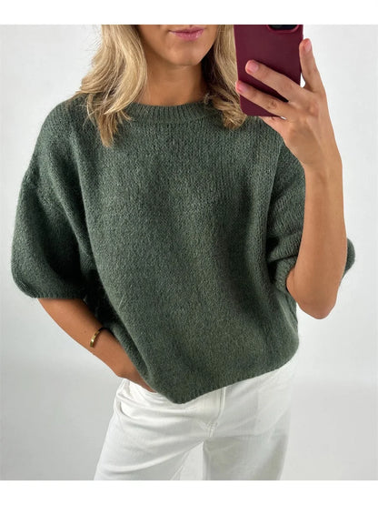 Damen Frühling Herbst Strickpullover Halbarm O Hals Einfarbig Lässige Strickwaren