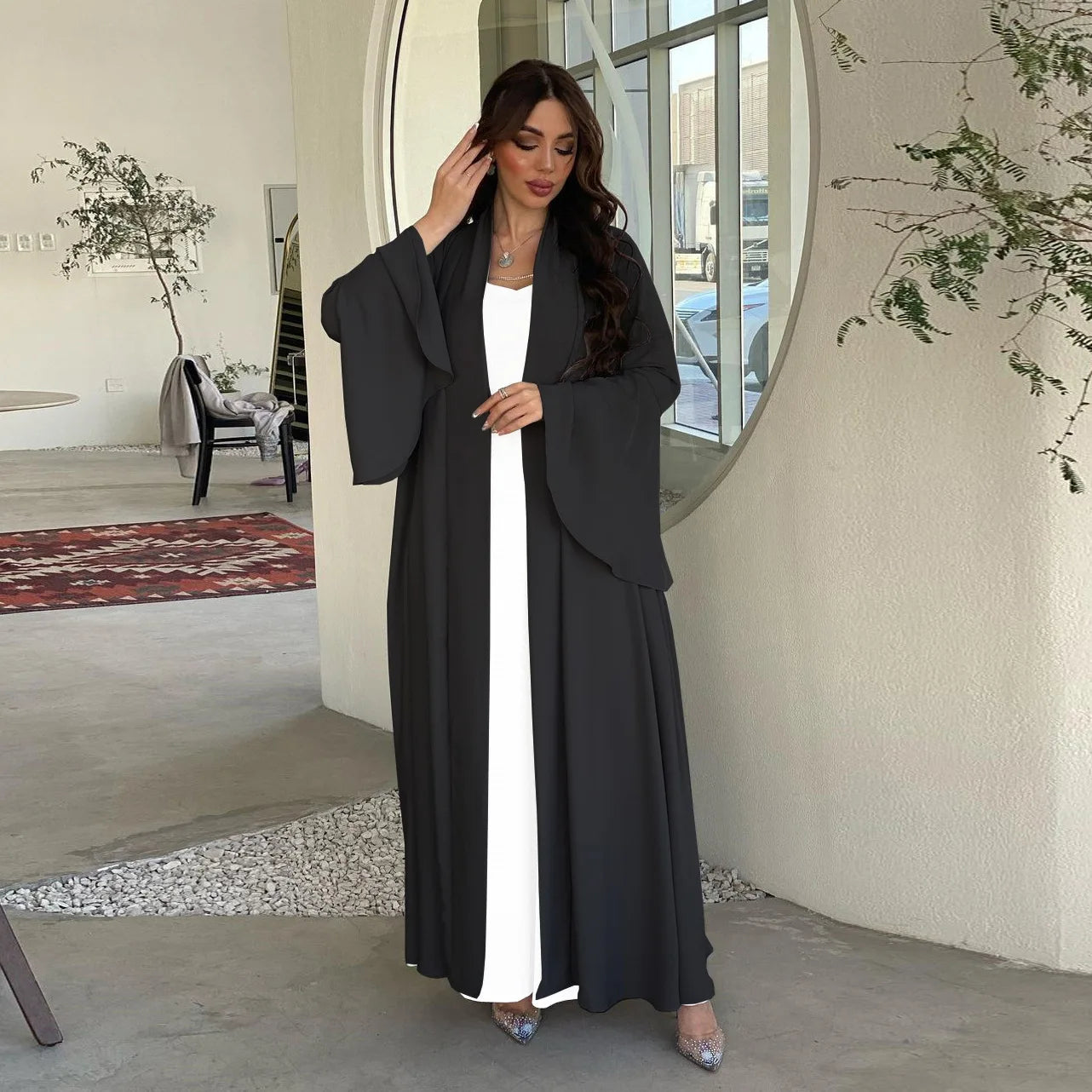 Eid Ramadan Open Abaya Dubai Luxury Elegant Ruffle Sleeve Solid Color Shawl Cardigan Kebaya Kaftan Robe Clothing Caftan Femme.