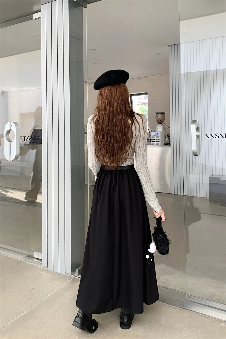 2024 New Korean Skirt Women Solid Color Versatile Mid-length Pleated Skirt Large Swing Type Skirt Female Long Skirts for Women