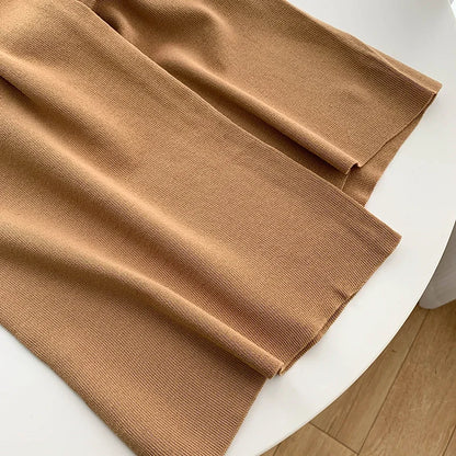 Fashion Knitted 2 Pieces Sets Women V-Neck Single Breasted Cardigan+High Waist Wide Leg Long Pants 2024 New Solid Sweater Suits