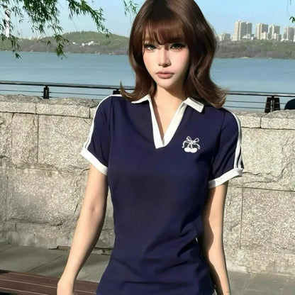 Deeptown Vintage Embroidery Women T-Shirts Striped Short Sleeve American Style Polo Neck Tees Slim Preppy Gyaru Summer Youthful.