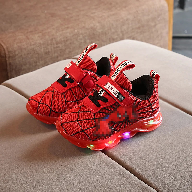 Disney LED Casual Sneakers Red Black For Spring Boys Spider-man Mesh Outdoor Shoes Children Lighted Non-slip Shoes Size 21-30.