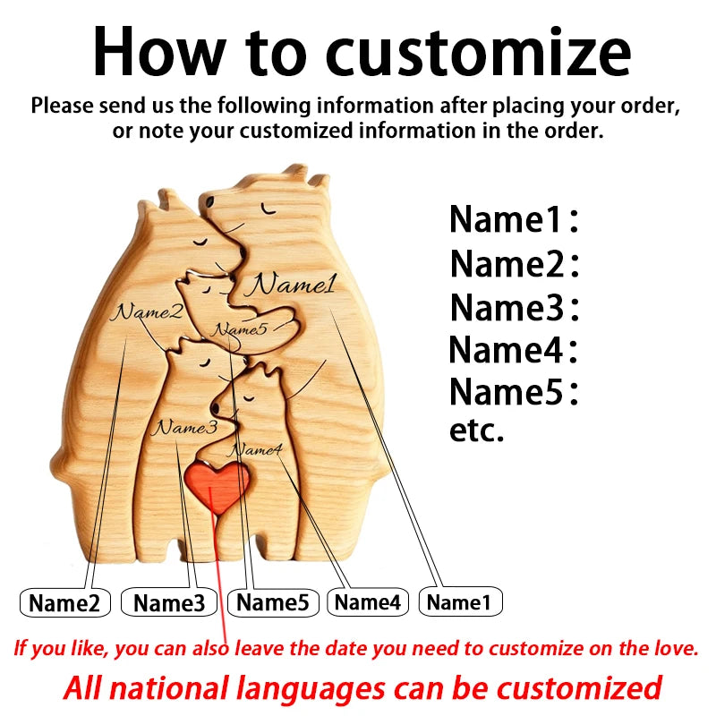 Art Wooden Bear Family Puzzle Personalized Name Custom Home Decor Thanksgiving Christmas Heartwarming Gift for Baby Mom.