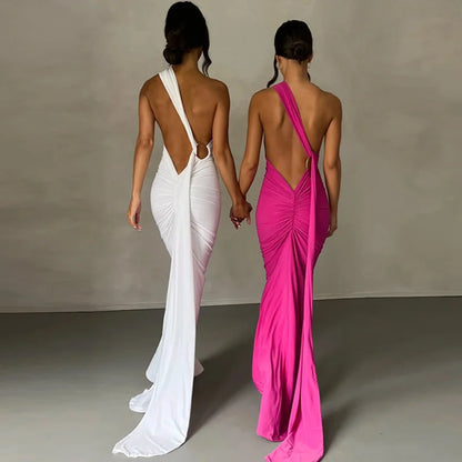 Mozision Schräge Schulter Backless Maxi Kleid Für Frauen Kleid Sommer Zurück Strap Ärmellose Geraffte Party Sexy Langes Kleid Vestidos.