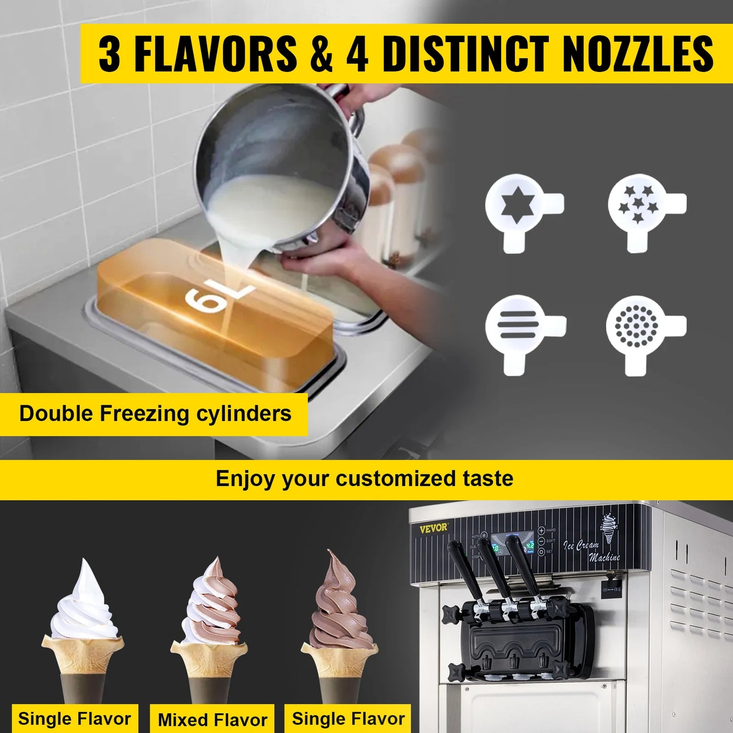VEVOR Commercial Soft Ice Cream Machine,2200W 3 Flavors Ice Cream Maker,5.3 to 7.4 Gal per/H Auto Clean LCD Panel for Restaurant.