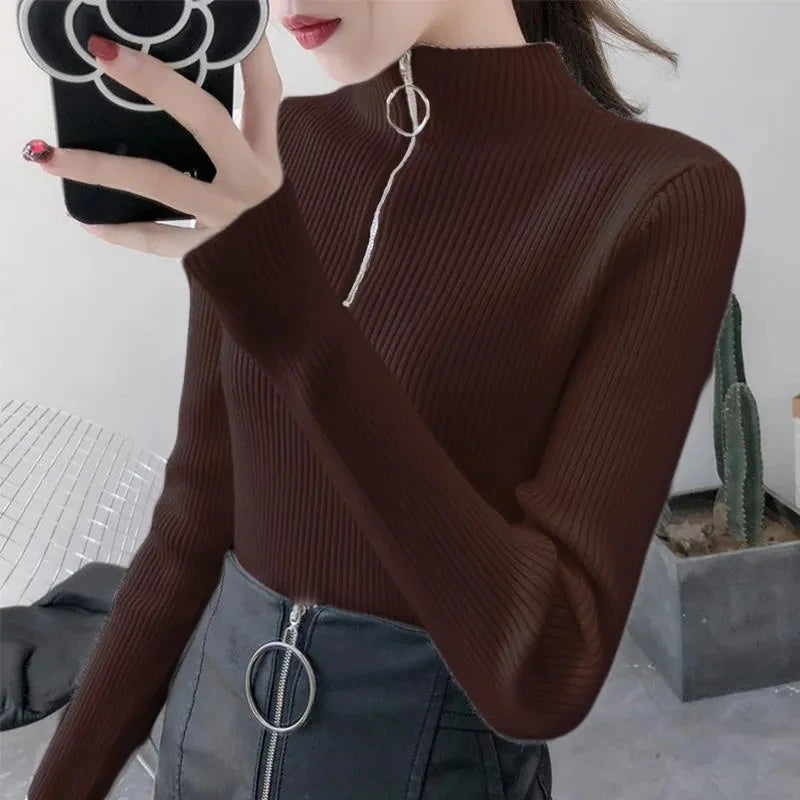 Spring Autumn Skinny Elastic Knitted Shirt Women Pullover Sweater Tops Female Long Sleeve Slim Mock Neck Knit Bottoming Shirts.