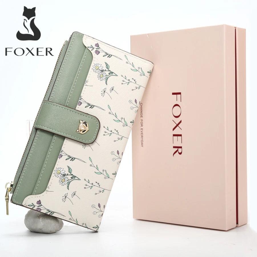 FOXER New Women's Long Wallet Fashion Multi-card Clutch Slot Card Holder Signature Versatile PU Floral Wallet Zipper Coin Purse.