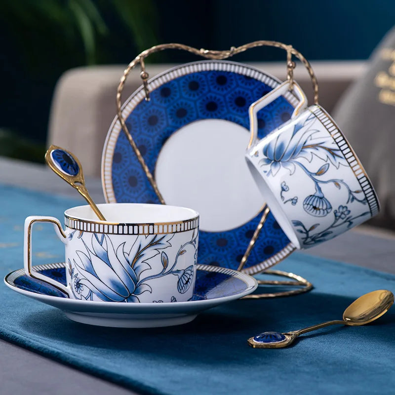 Elegant Cup and Saucer Set Bone China Sugar Jar Milk Jug Coffee Pot Set Cyan Magnolia Home English Mug Teaset Dessert Plate.