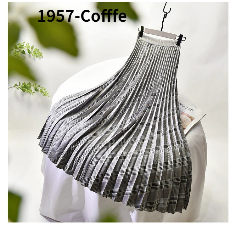 Looks Thin Pleated Skirt 2025 New High Waist A-line Skirt Mid-length Big Size Plaid Skirt Long Pleated Skirt Length 75-90cm