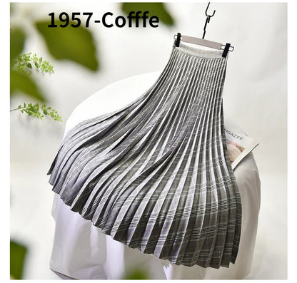Looks Thin Pleated Skirt 2025 New High Waist A-line Skirt Mid-length Big Size Plaid Skirt Long Pleated Skirt Length 75-90cm