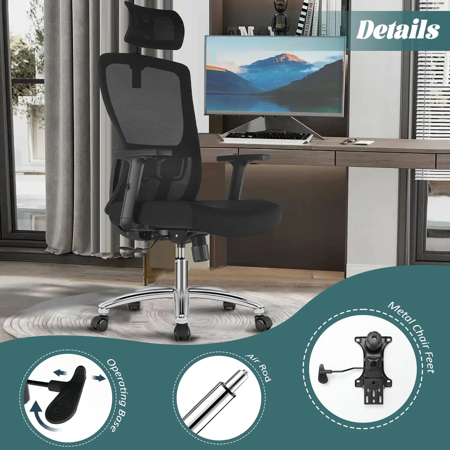 Durrafy Ergonomischer Bürostuhl, Schreibtischstuhl mit verstellbarer Kopfstütze, Armlehnen und Lordosenstütze, Netzdrehstühle, Schwarz