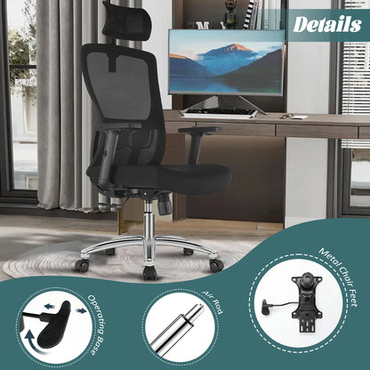 Durrafy Ergonomischer Bürostuhl, Schreibtischstuhl mit verstellbarer Kopfstütze, Armlehnen und Lordosenstütze, Netzdrehstühle, Schwarz