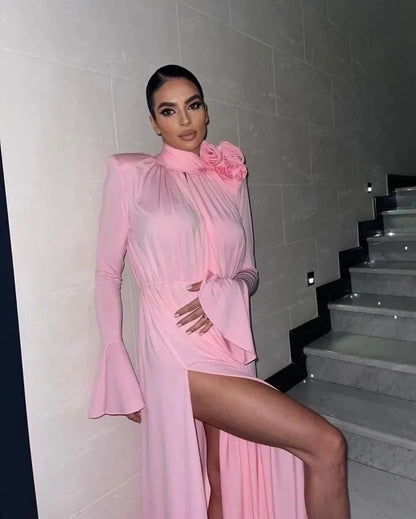 Elegante Y2K Mode Lange Flare Hülse V-ausschnitt Floral Schlitz Party Abendkleid Robe Vintage Frauen Falten Langes Kleid