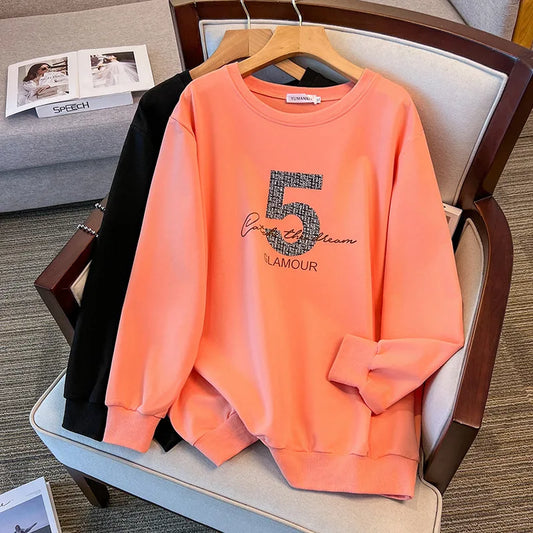 175kg plus size Damen büste Frühling Herbst loser Rundhals ausschnitt bedrucktes Langarm-Sweatshirt schwarz orange 5xl 6xl 7xl 8xl 9xl