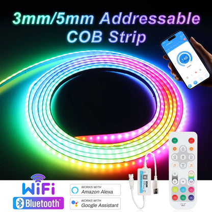 3mm 5mm 5V WS2812B Addressable COB LED Strip Individually IC RGB Flexible LED Strip High Density Dream Color LED Tape.