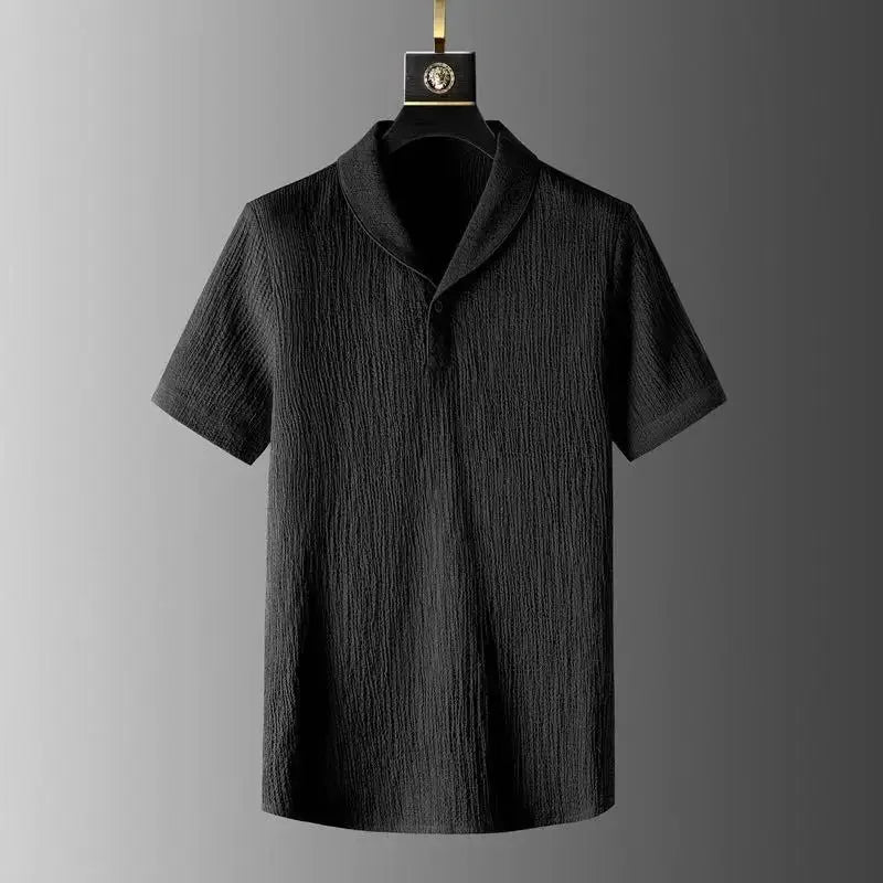 Summer Lightweight Pleated Cotton Casual Sports Set Men's Thin Comfortable Breathable Fashionable Collar Short Sleeve Two-Piece.