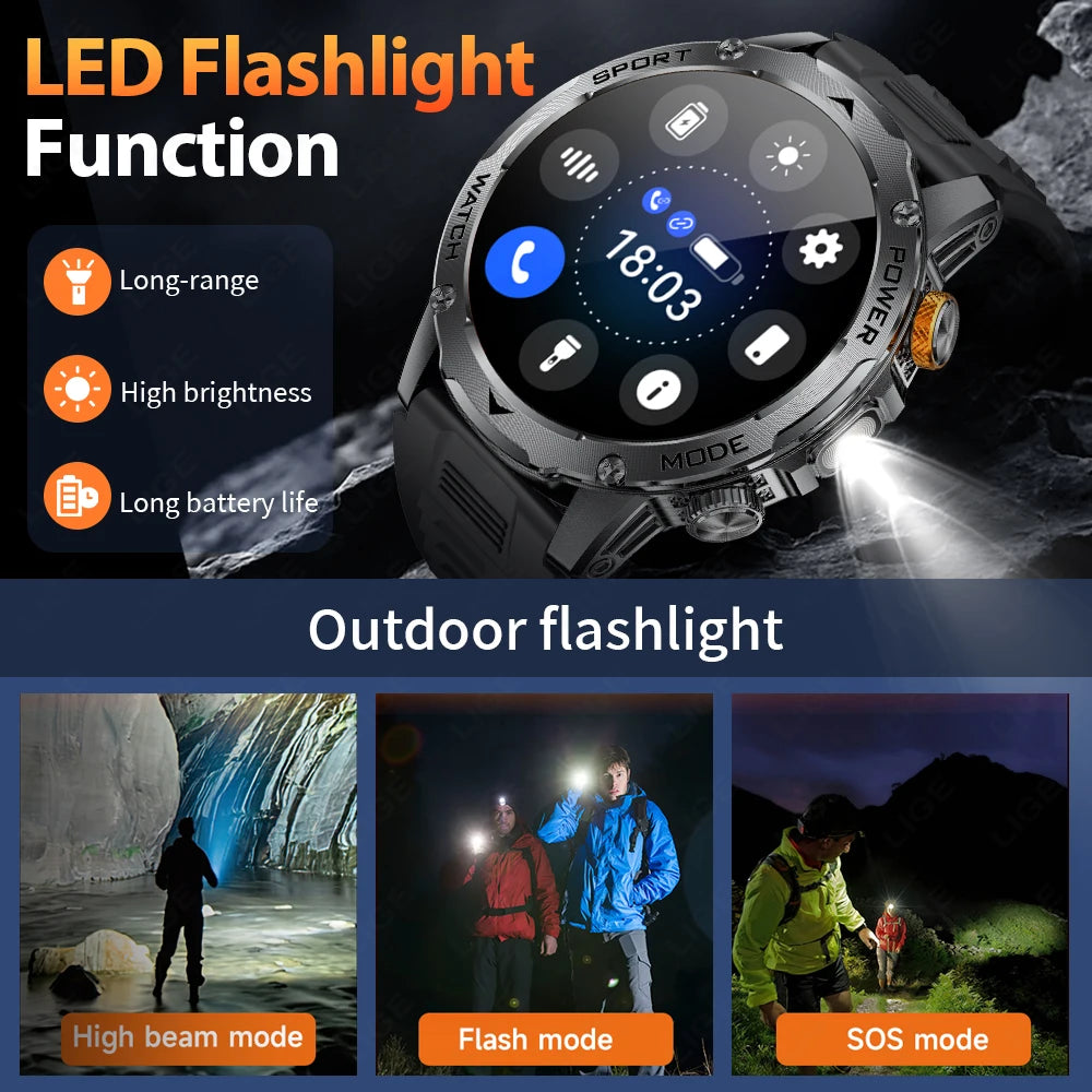 LIGE 2025 New For HUAWEI Xiaomi 1000mah AMOLED Smart Watch Men Sports Fitness LED Flashlight 3ATM Waterproof BT Call Smartwatch.