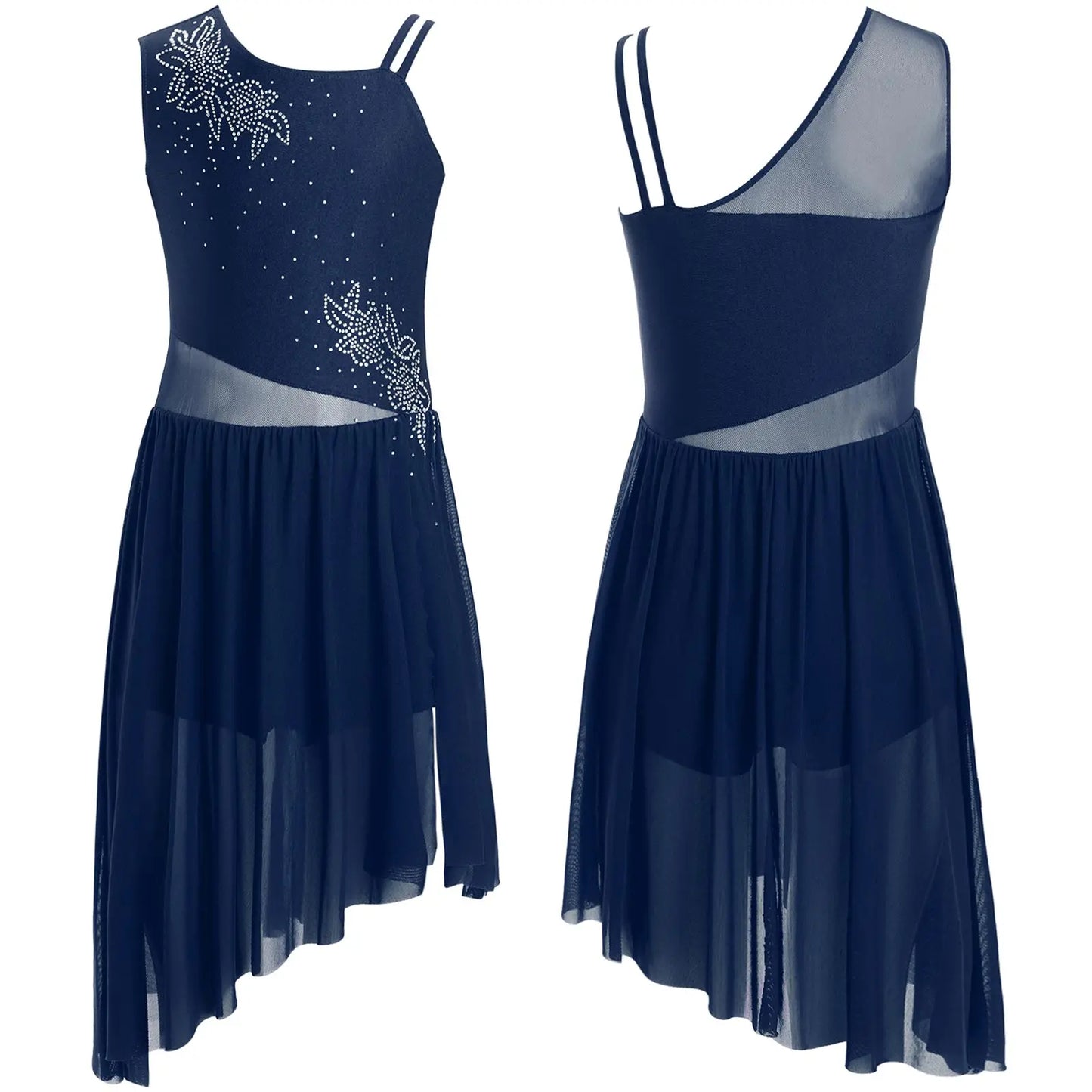 6–16 Jahre Mädchen, modernes lyrisches Tanzkleid, ärmellos, glänzender Strass-Trikot, Tanzkleidung für Skating, Gymnastik, akrobatische Leistung.