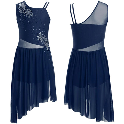 6–16 Jahre Mädchen, modernes lyrisches Tanzkleid, ärmellos, glänzender Strass-Trikot, Tanzkleidung für Skating, Gymnastik, akrobatische Leistung.