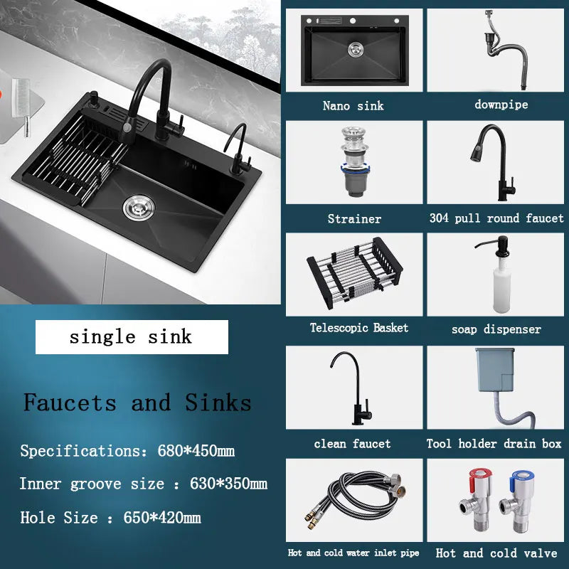 kitchen sink Black nano-sink single-slot household hand-washing basin kitchen large 304 stainless steel sink sink bowl