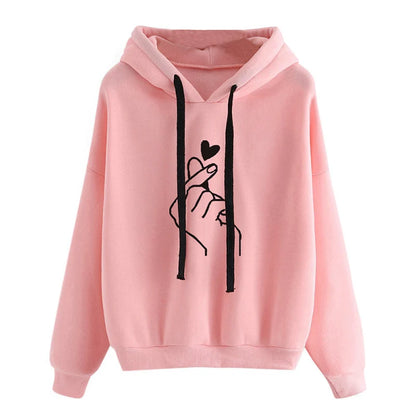 Herbst Fleece Hoodie Einfarbig Finger Herz Mit Kapuze Koreanische Mode Sweatshirts Langarm Top Kordelzug Taschen Lose Hoodies
