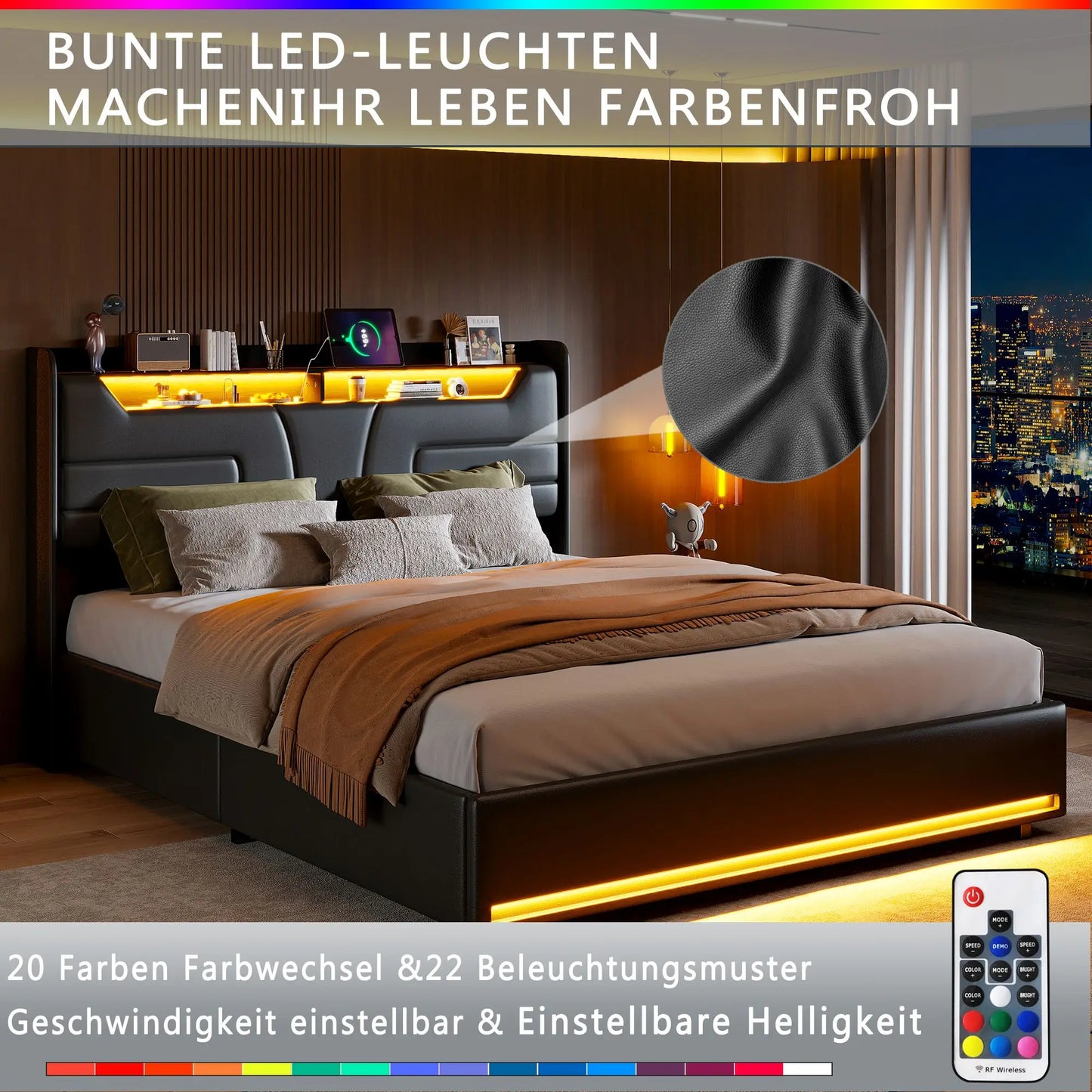 Creahappy Federkernmatratzenbett 160 x 200 cm, Doppelbett mit unabhängiger LED-Beleuchtung, stilvolles Polsterbett mit Stauraum