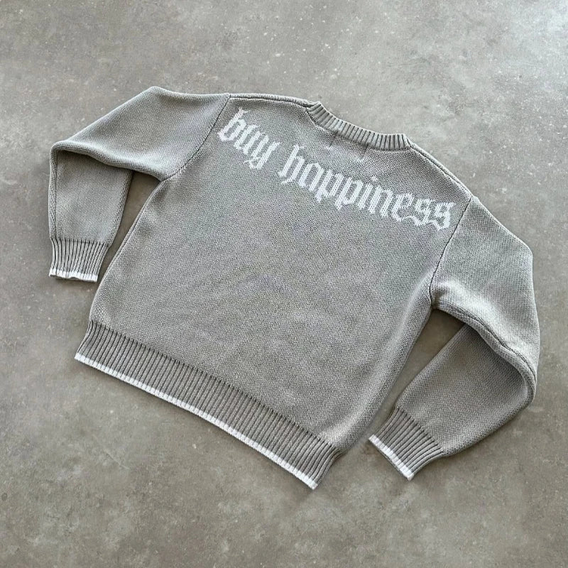 Y2K Grey Long Sleeve Sweater Dollar Gothic Embroidery Pullover Goth Retro Casual Streetwear Old Money Men Boxy Knitted Clothing.