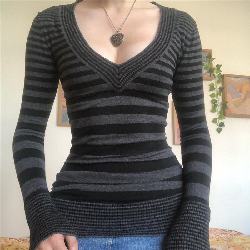 y2k Knitted Top Fairy Grunge Clothes Women Striped V Neck Long Sleeve T Shirt 2000s Clothing Punk Gothic Streetwear.