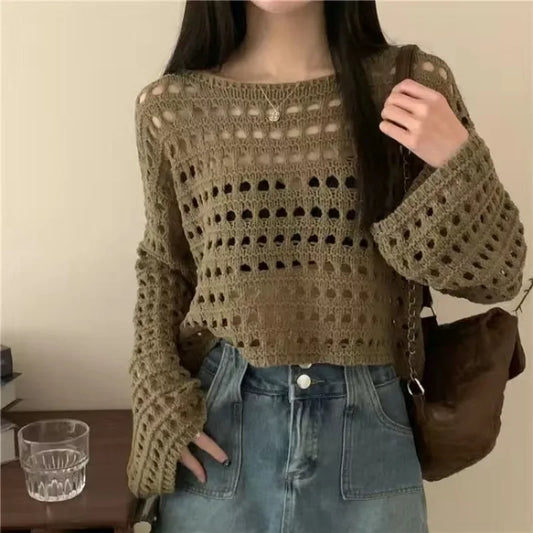 Vintage Aushöhlen T-shirt Casual Stricken Pullover Lose Y2K T-shirt Crewneck Dünnen Pullover Herbst Pullover Mode Streetwear