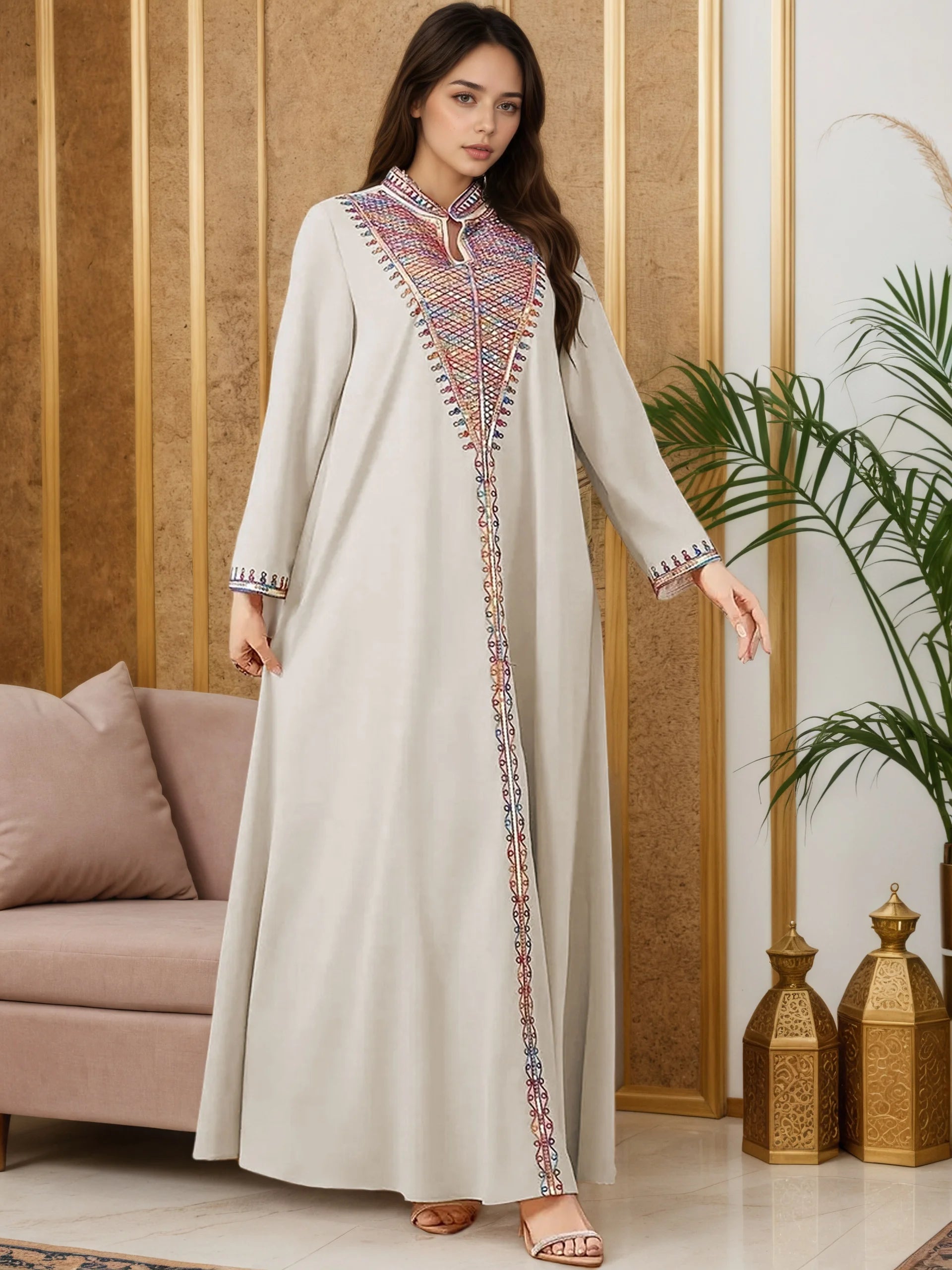 Trendy Muslim Abaya in Deep Blue Adorned with Intricate Multicolored Embroidery for Arabian Social Galas Modest Islam Fashion.