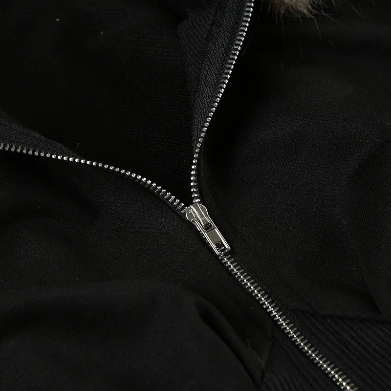 Goth Dark Autumn Winter Faux Fur Collar Solid Hooded Coats Women Casual Slim Waist Zip Hoodies Gothic Jackets Chic Streetwear.