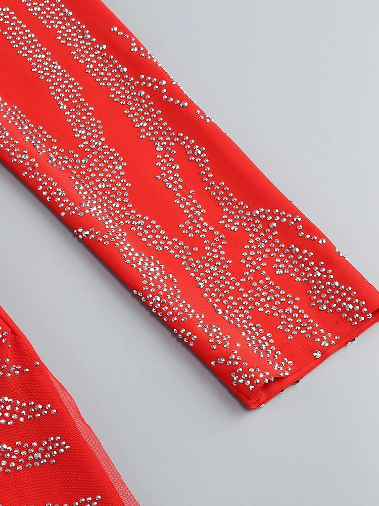 Sexy Deep V Neck Sparkly Diamonds Design Jumpsuit Women Long Sleeve Draped Wide Leg Jumpsuit Elegant Evening Club Costume Runway