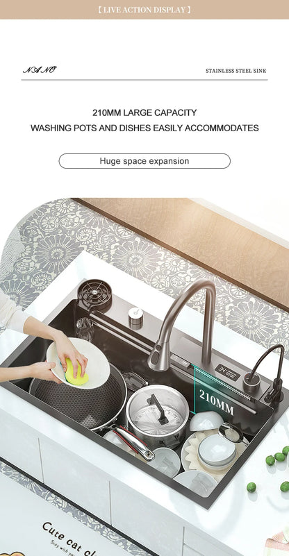 Edelstahl Küchen spüle Digital anzeige großes Single Slot hotel Multifunktion waschbecken mit Wasserfall Wasserhahn Wohnung