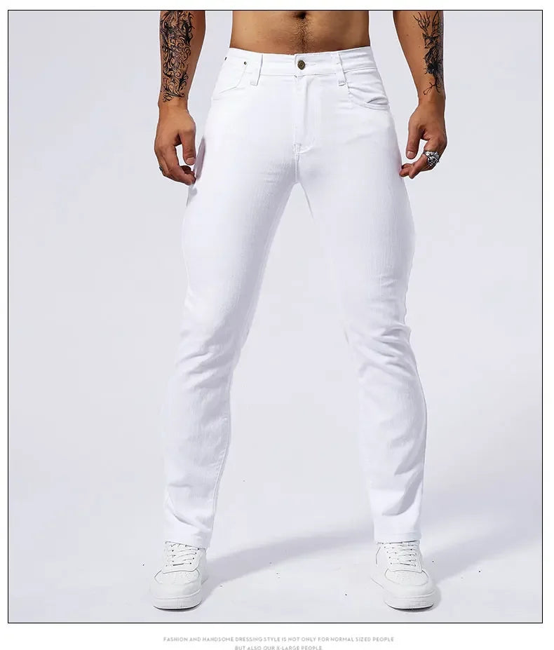 Men's White Casual Jeans New Denim Pants Comfortable Fashion Stretch Slim Fit Straight Trousers Male Clothing Streetwear.