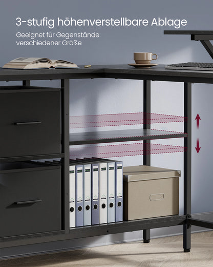 VASAGLE L-förmiger Schreibtisch, 2 geräumige Schubladen, Computertisch mit Monitorständer, Eckschreibtisch