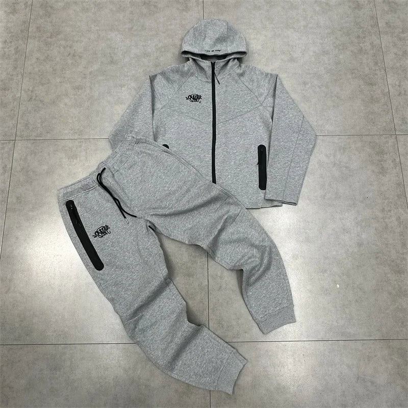 Casual Embroidered Fleece Lined Open Cardigan Hooded Zipper Pants Set for Men And Women Color Block Design by Syna.