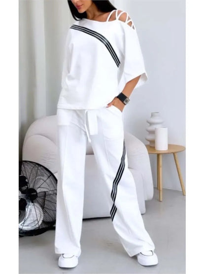 Spring Summer Women Fashion Two Pieces Sets 2025 New Off-the-shoulder Loose Short Sleeve Top And Pants Suits Outfits Clothing.