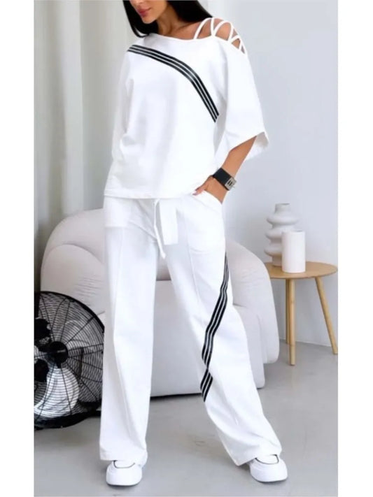 Spring Summer Women Fashion Two Pieces Sets 2025 New Off-the-shoulder Loose Short Sleeve Top And Pants Suits Outfits Clothing.