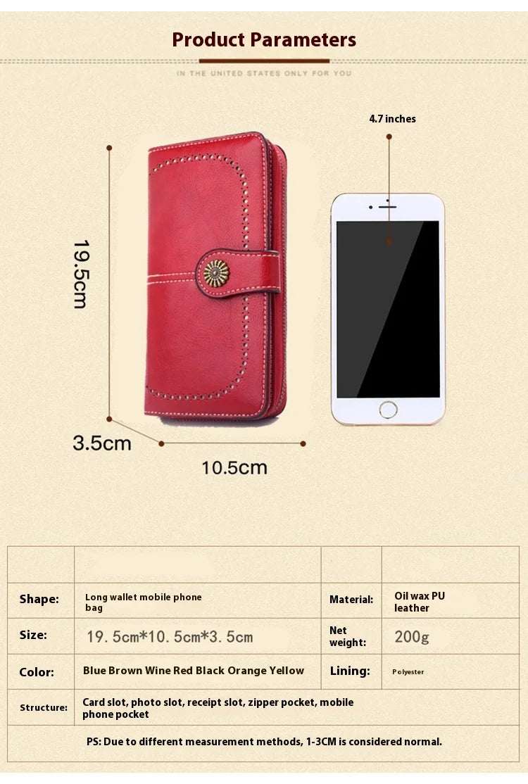 Fashionable new hollow out coin purse for women's oily leather phone bag, long zipper handbag,coin bag Triple fold ladies wallet