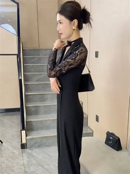 BESTBAFU Sexy Lace Patchwork Sheer Jumpsuit Women  Spring Elegant Office Formal Outfit Black High Waist Wide Leg Romper 126P.