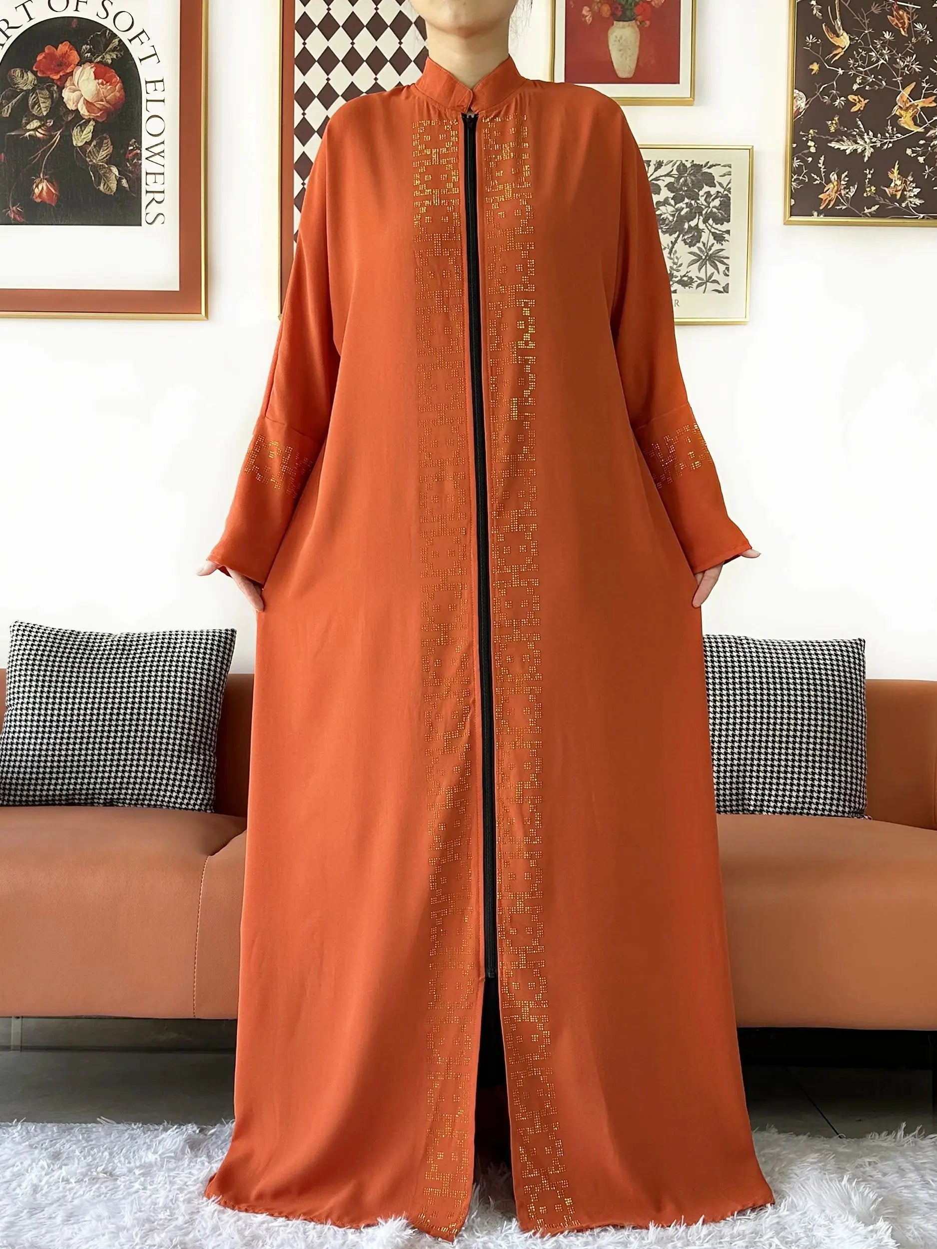 2024 Muslim Ramadan Tranditional Turtleneck Long Sleeve Dress Women Cardigan Open Abaya Dubai Caftan Islamic Kimono Clothes.