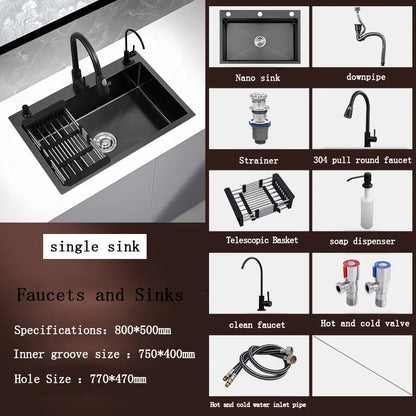 kitchen sink Black nano-sink single-slot household hand-washing basin kitchen large 304 stainless steel sink sink bowl