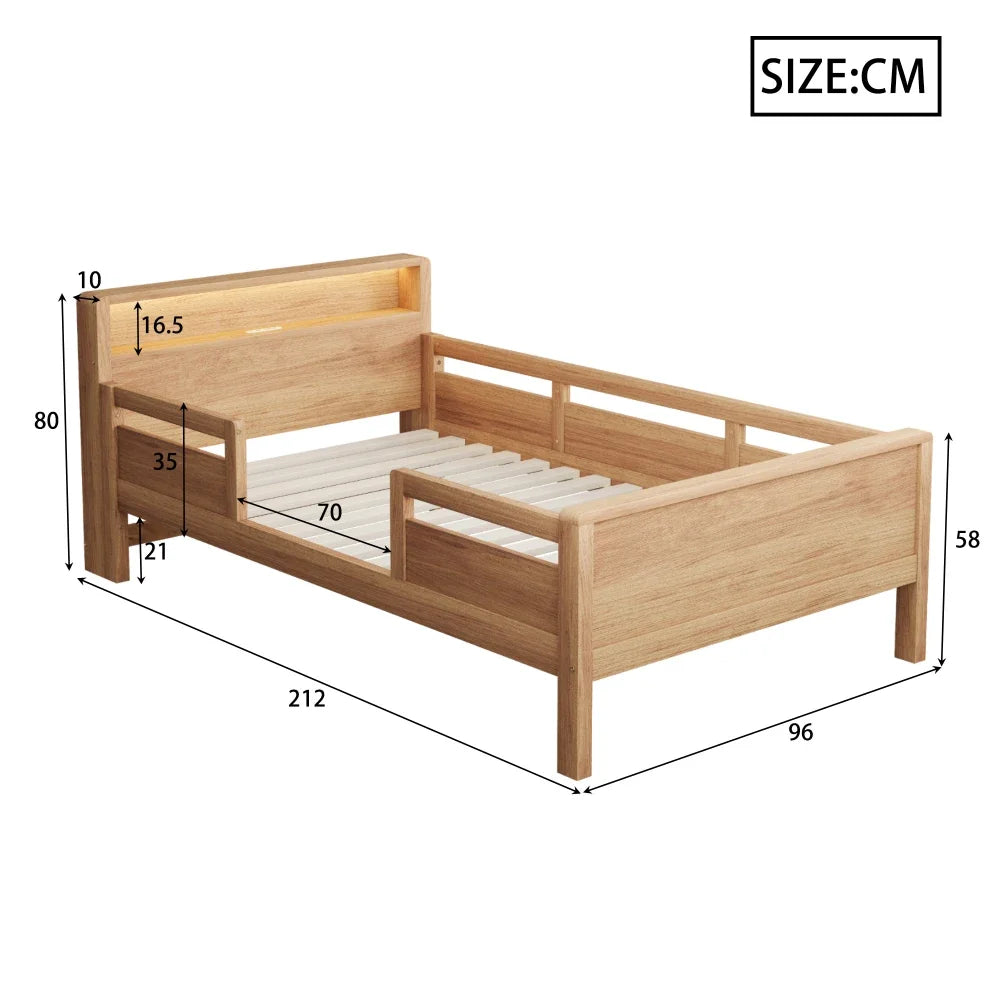 Multifunktions-Holzbett, USB- und Tape-C-Kombinationssteckdose, kleines LED-Licht, Kopfteil mit Einlagerfunktion, Einzelbett