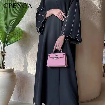 Middle Eastern Modest Dress with Pearl Sleeve for Muslim Women Ramadan Dubai Black Abaya Islam Party Jalabiya Outfit Turkey Robe.