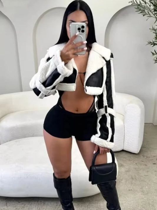 Weird Puss Furry Patchwork Women Crop Jacket Hipster Full Sleeve Open Stitch Hipster Streetwear Warm Outwear Basic Wild Coat.