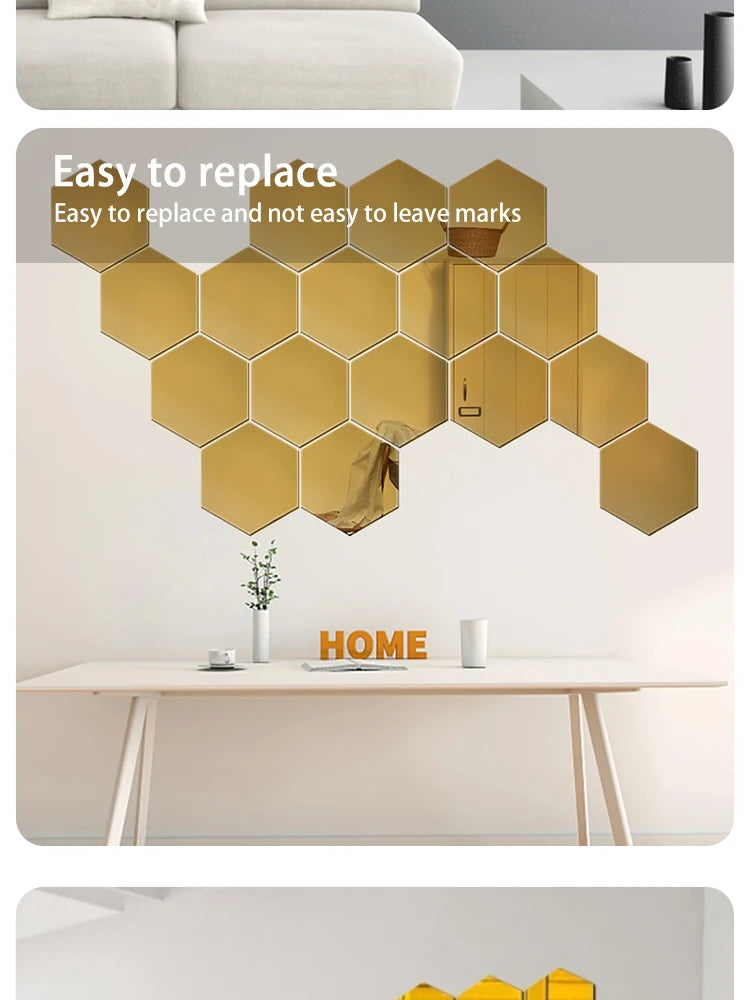 12PCS/Lot Removable Geometric Mirror Wall Stickers - Solid Hexagonal Shape, DIY with Built-in Adhesive for Home Decoration.