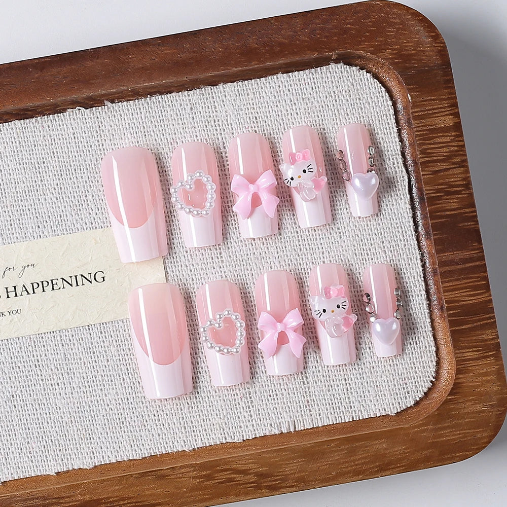 24Pcs Long Square Pink Hello Kitty False Nails French Wearable Full Cover Fake Nails Kitty Cat Bow Heart Design Press On Nails.