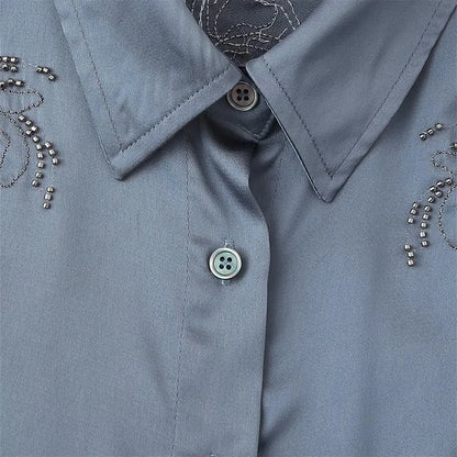 Summer New Product Women's Style Flip Collar with Beaded Embroidered Shirt, High Waist Straight Leg Pants Set.